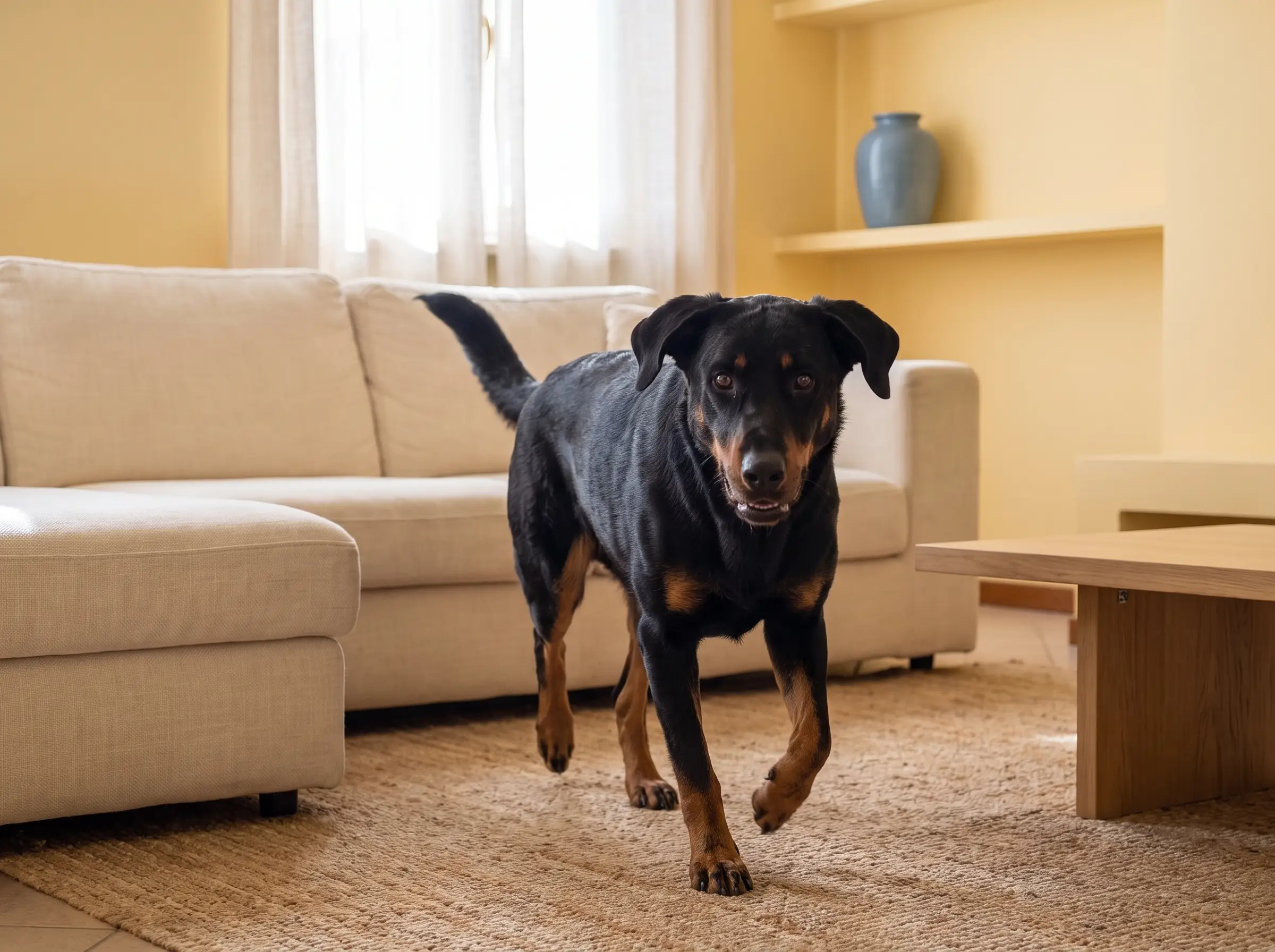 Beauceron mentre mostra il suo carattere vivace e affettuoso