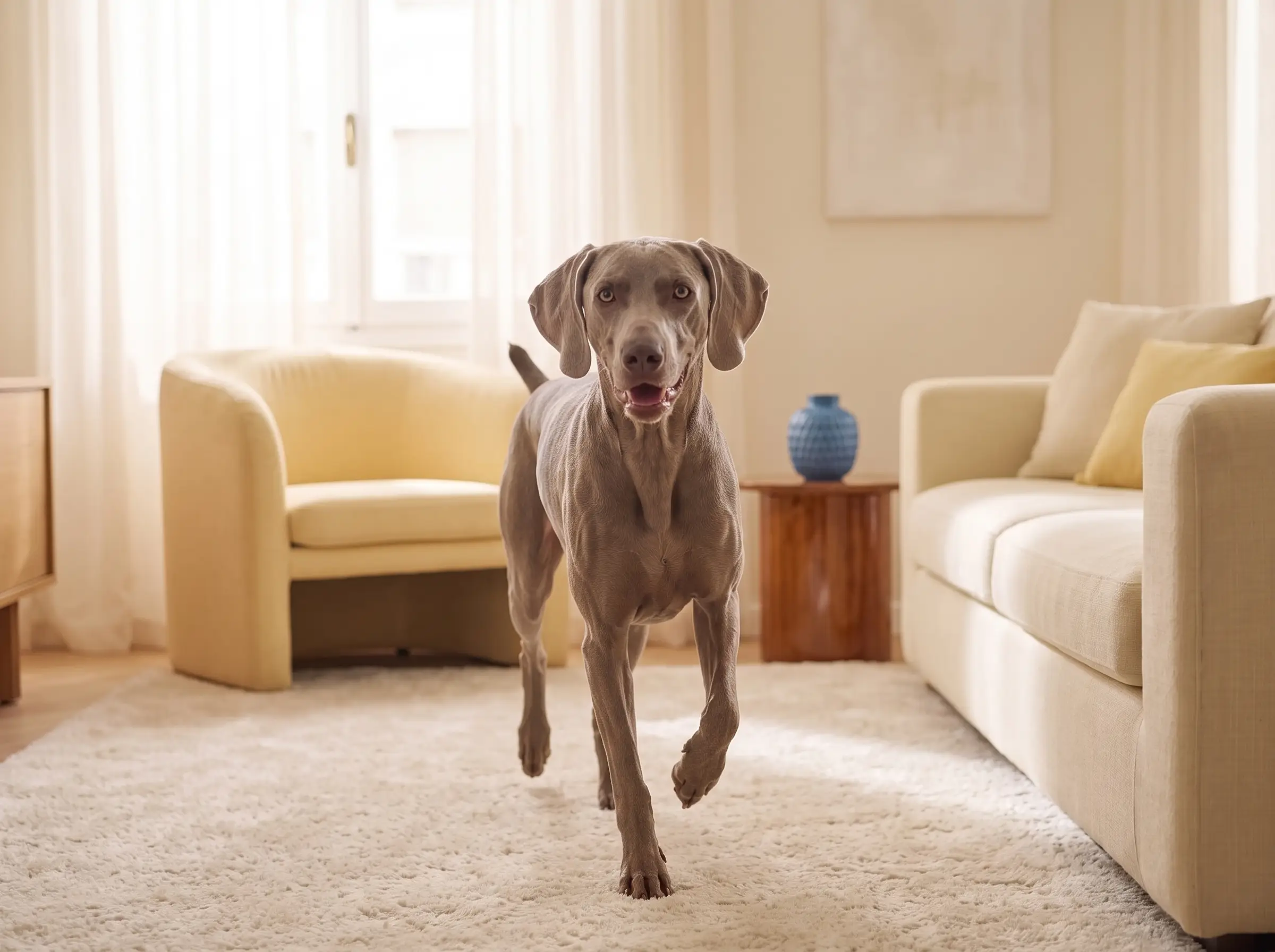 Weimaraner mentre mostra il suo carattere vivace e affettuoso