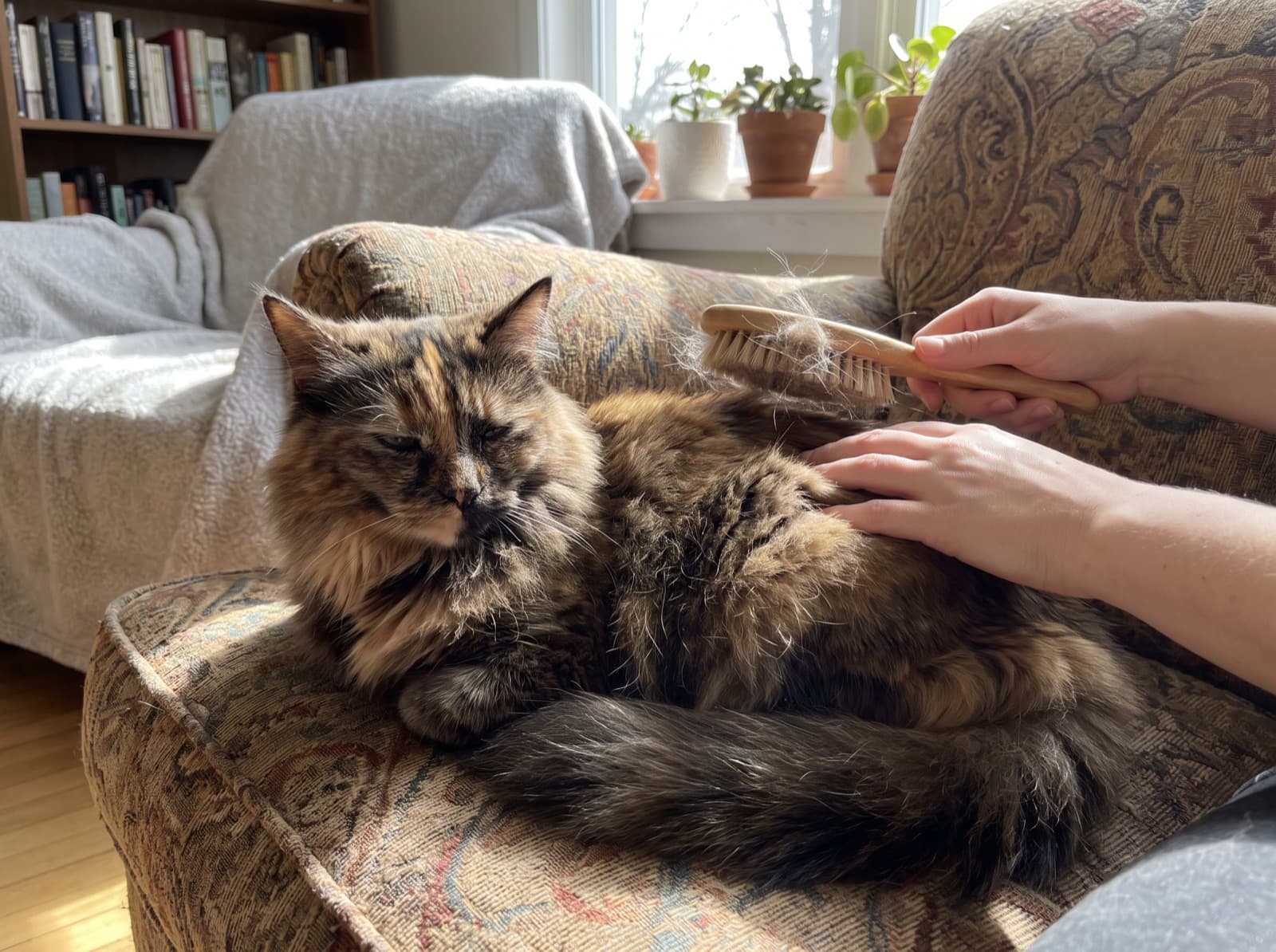 Gatto a pelo lungo spazzolato dal proprietario per prevenire i boli di pelo