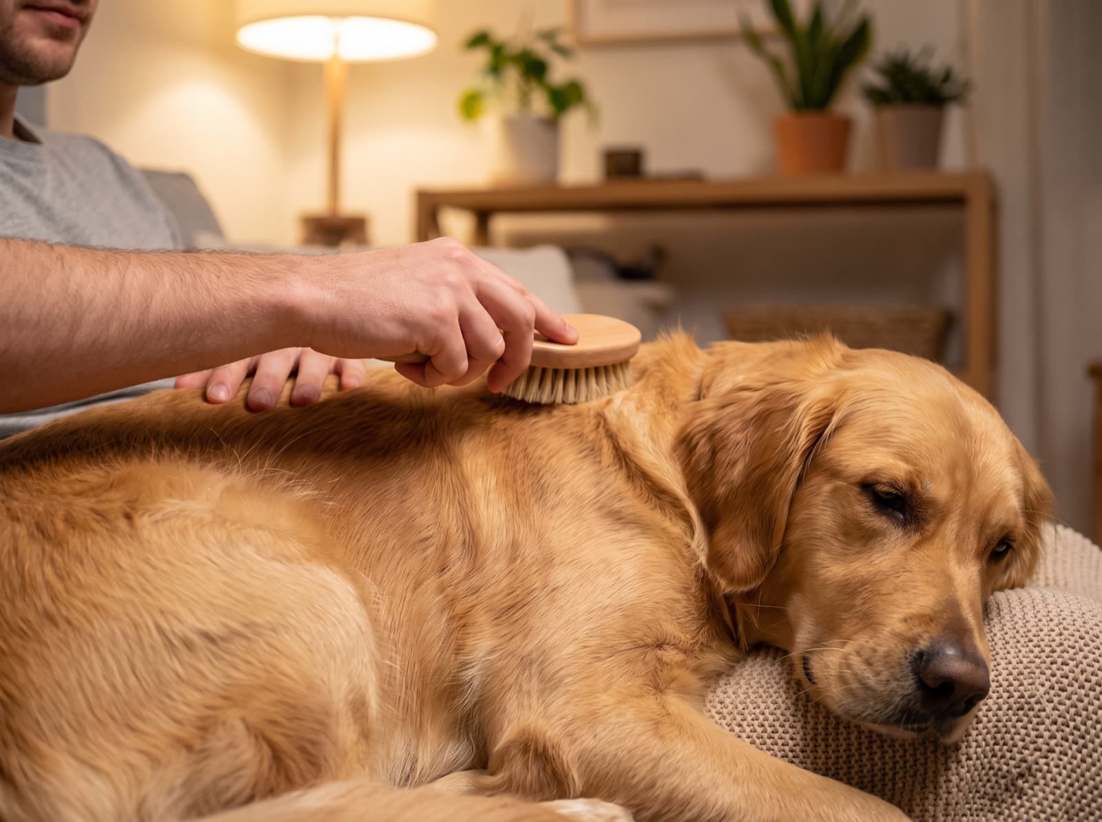 Cane spazzolato con cura per la routine di igiene di pelo e cute