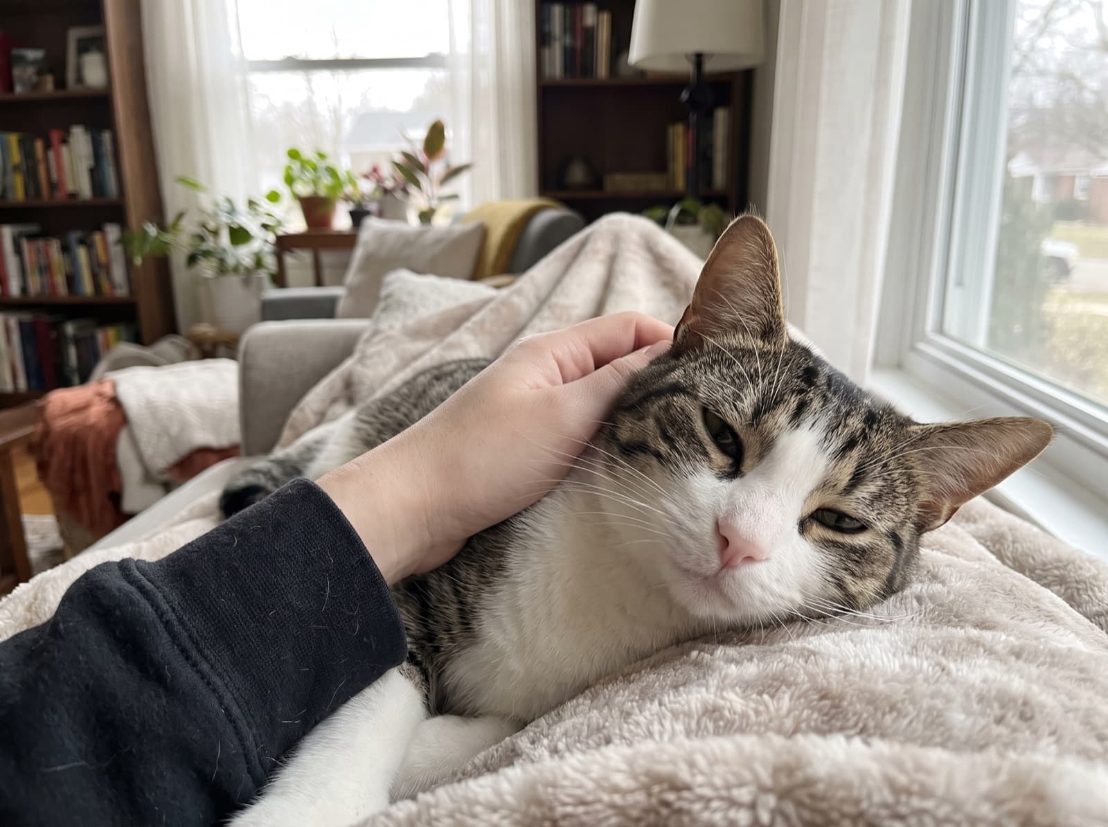 Gatto a pelo corto accarezzato dal proprietario in salotto