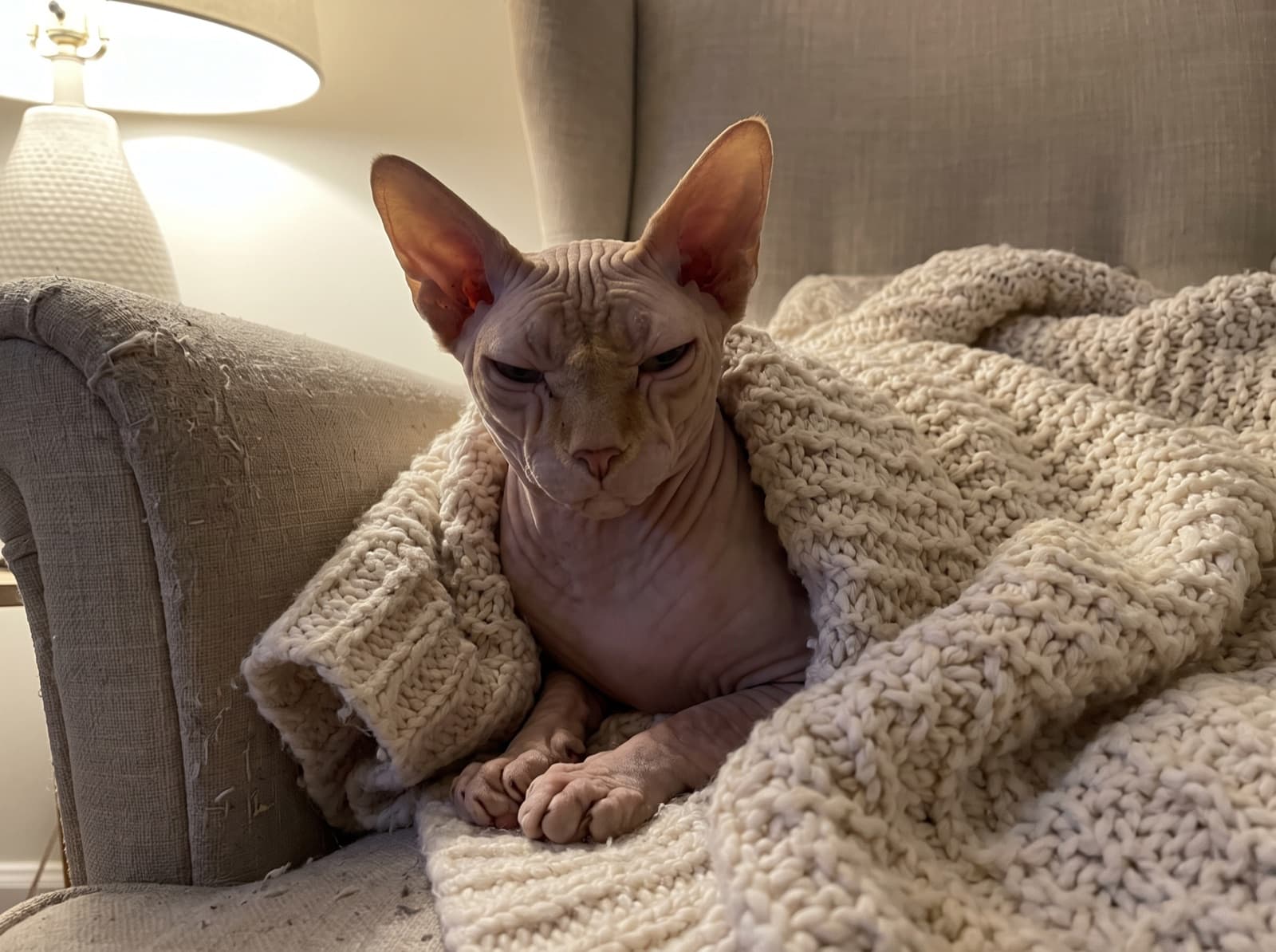Gatto Sphynx senza pelo avvolto in una coperta morbida