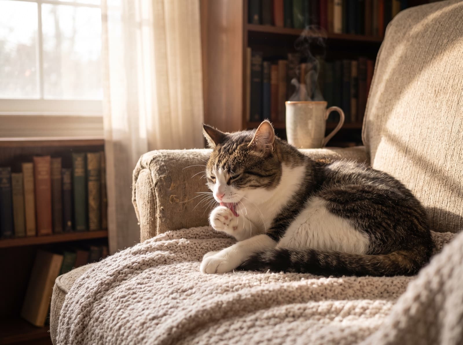 Gatto che si prende cura del proprio mantello con attenzione