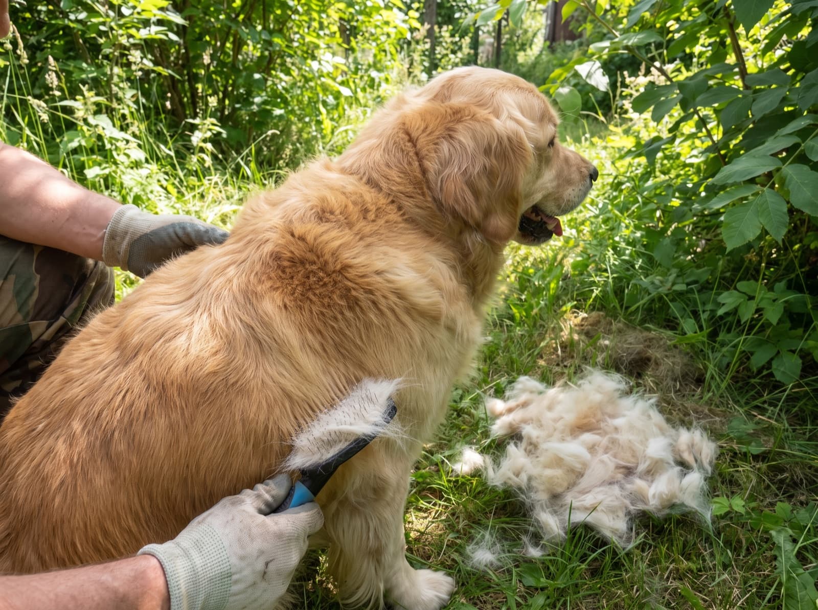 Cane a pelo doppio spazzolato all'aperto durante la muta stagionale