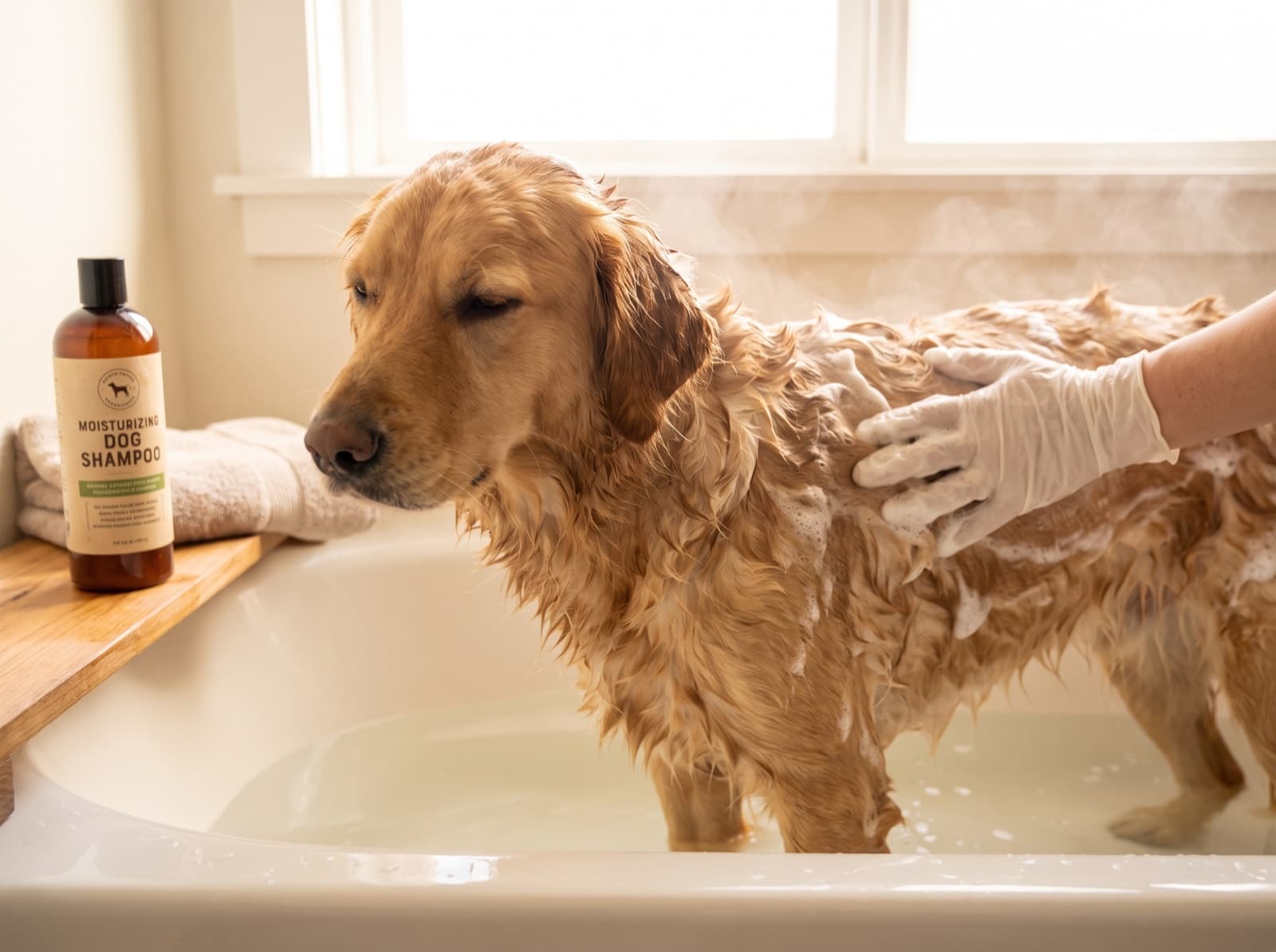 Cane lavato con shampoo idratante per la cura della pelle secca