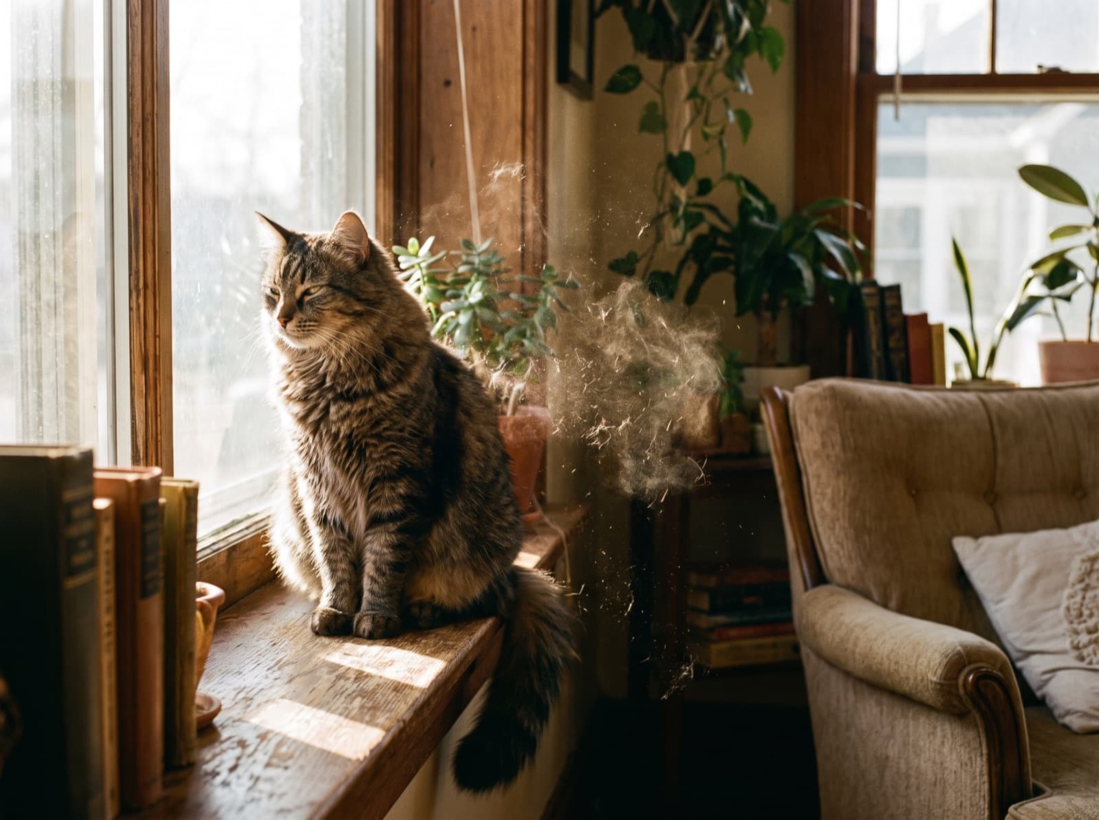 Gatto seduto vicino a una finestra soleggiata con pelo visibile nell'aria