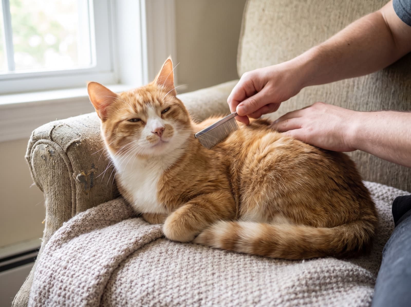 Gatto controllato con un pettine antipulci dal proprietario