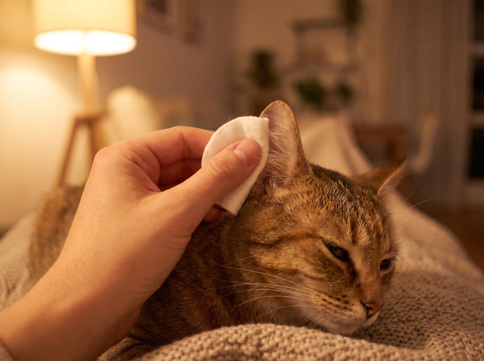 Proprietario che pulisce delicatamente l'orecchio del gatto con un batuffolo