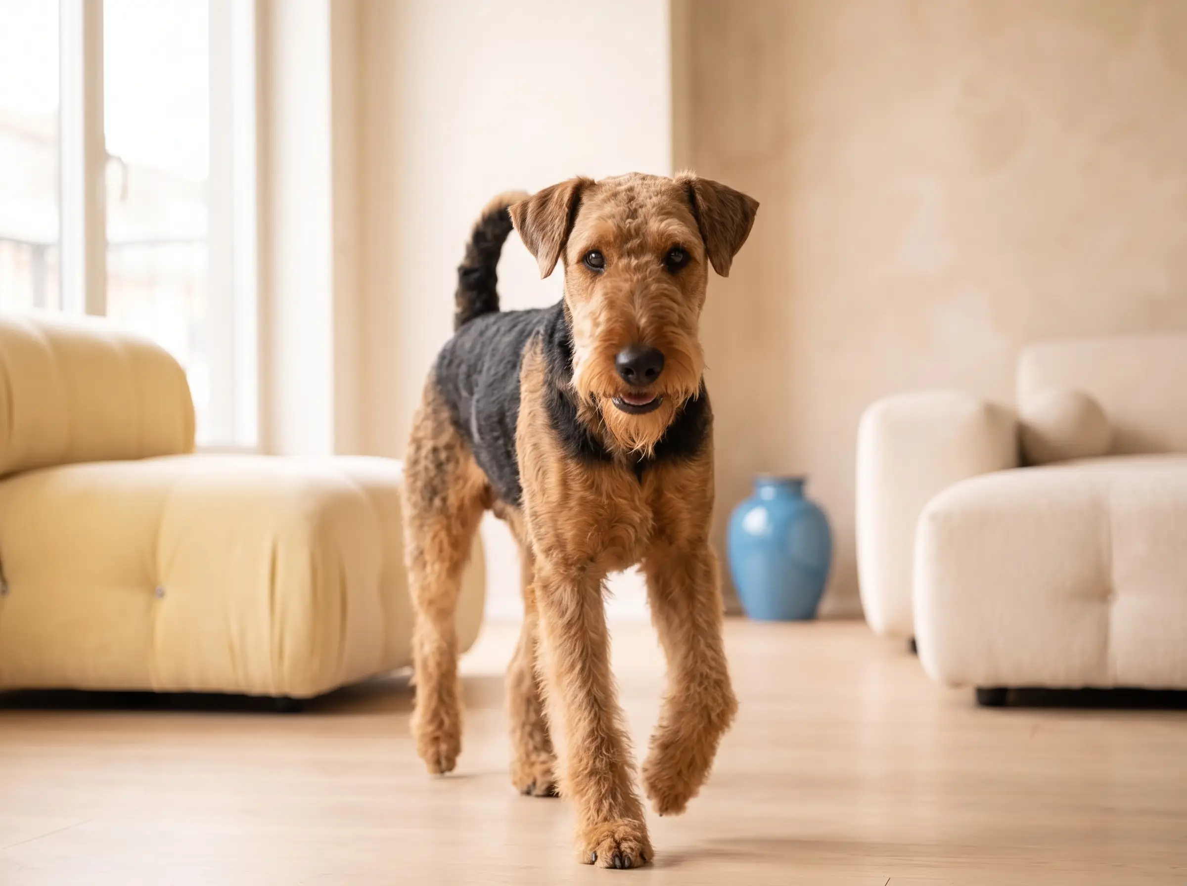 Airedale Terrier mentre mostra il suo carattere vivace e affettuoso