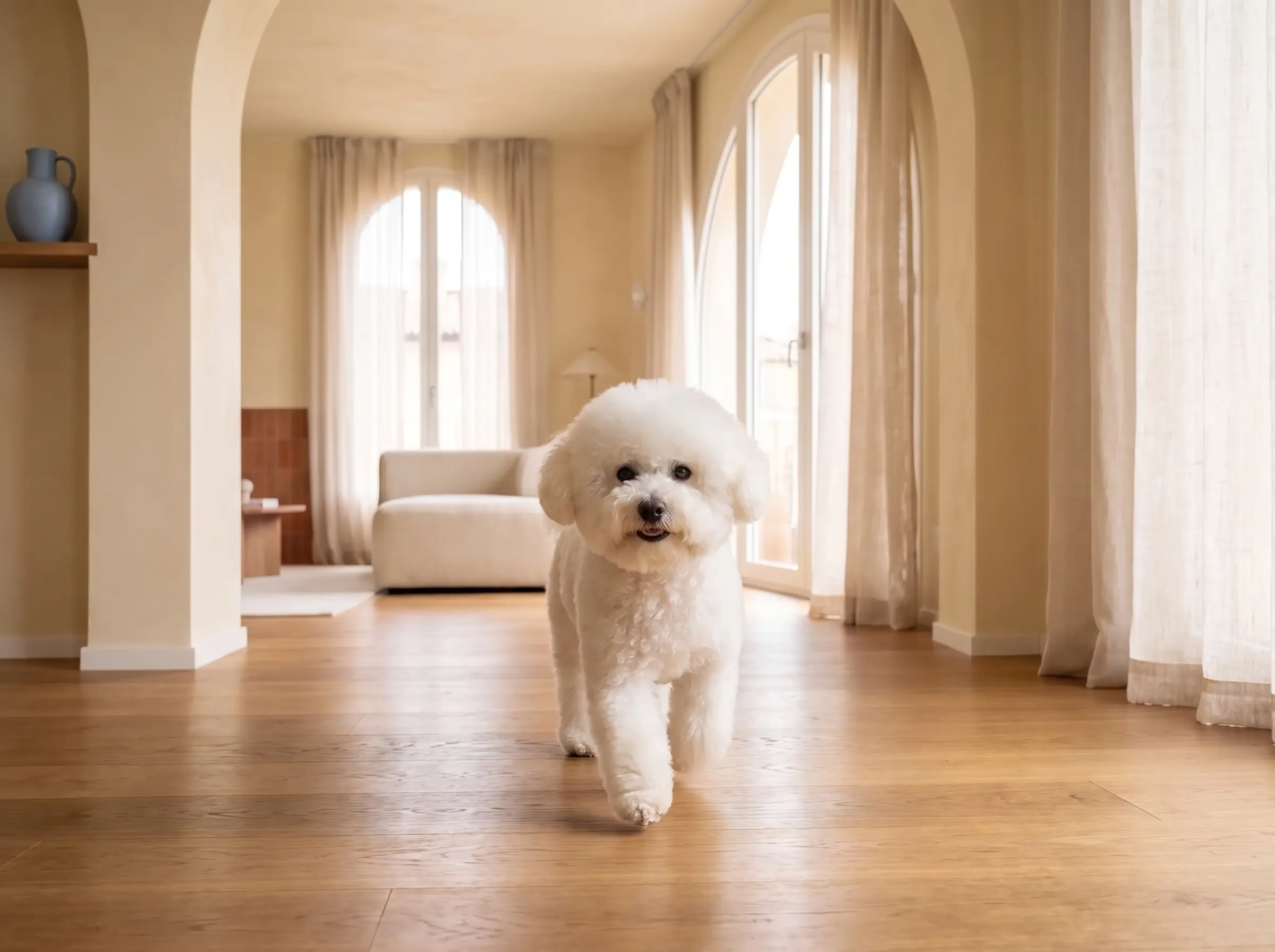Bichon Frisé mentre mostra il suo carattere vivace e affettuoso