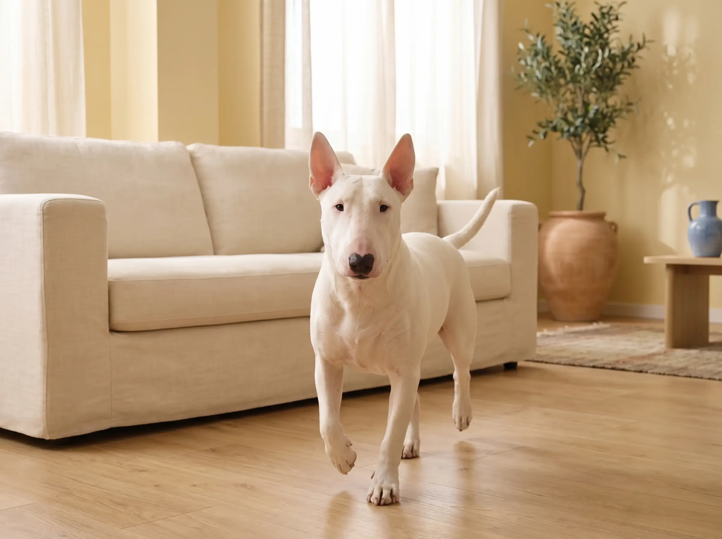 Bull Terrier mentre mostra il suo carattere vivace e affettuoso