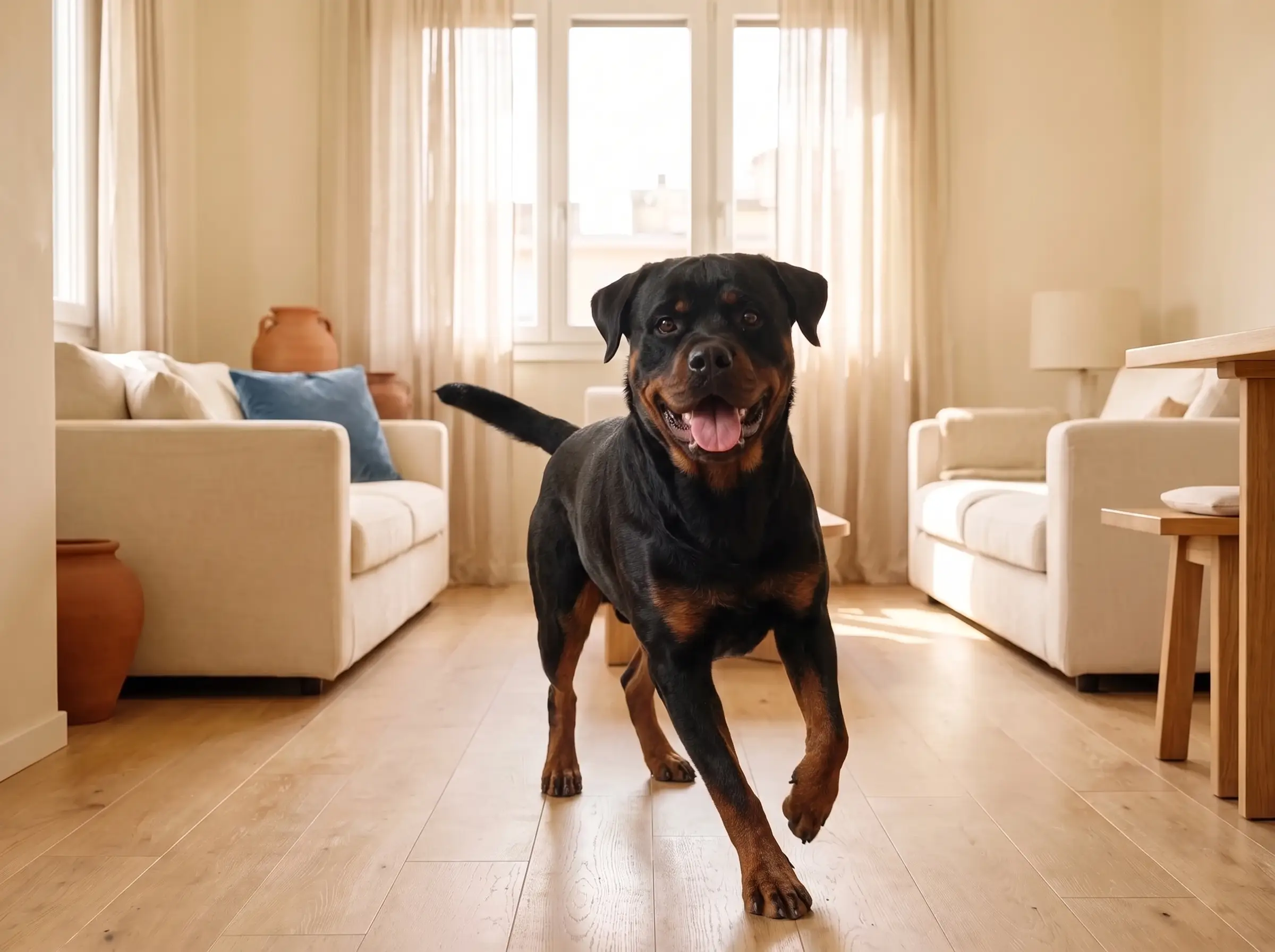 Rottweiler mentre mostra il suo carattere vivace e affettuoso