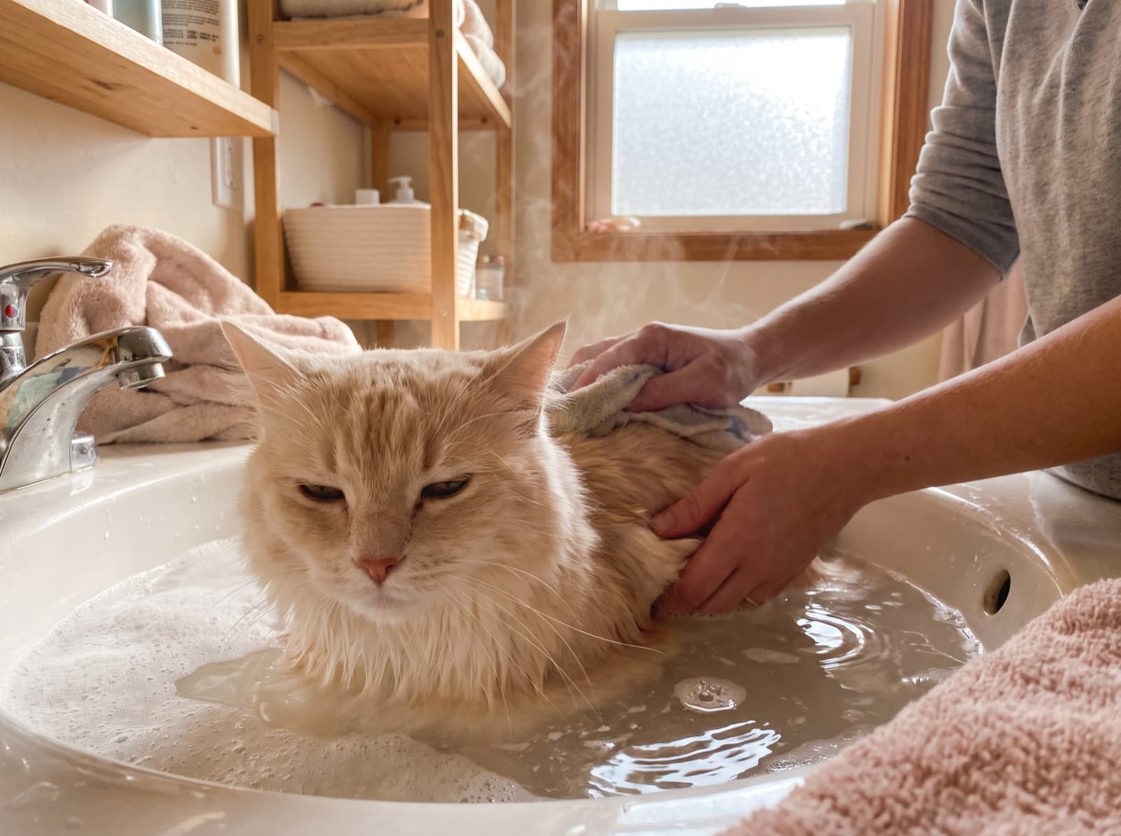 Gatto lavato delicatamente nel lavandino di casa da una persona