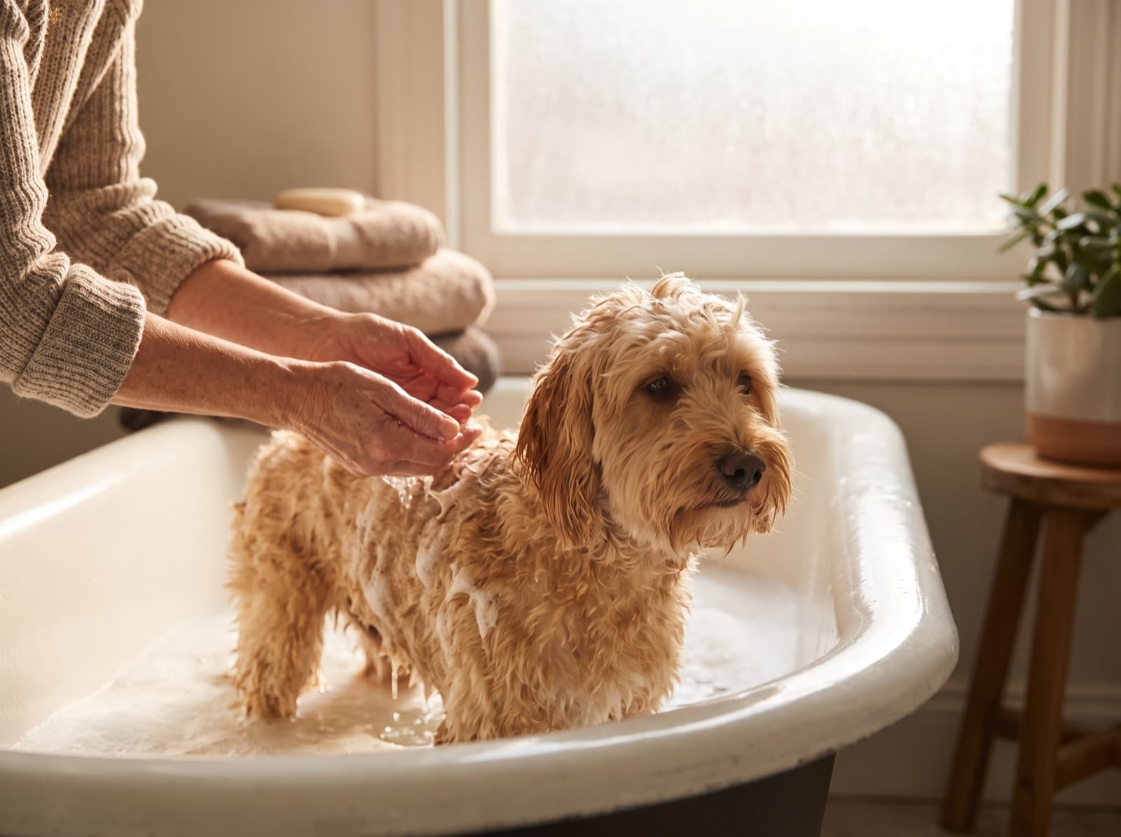 Cane di piccola taglia lavato con calma nella vasca da bagno