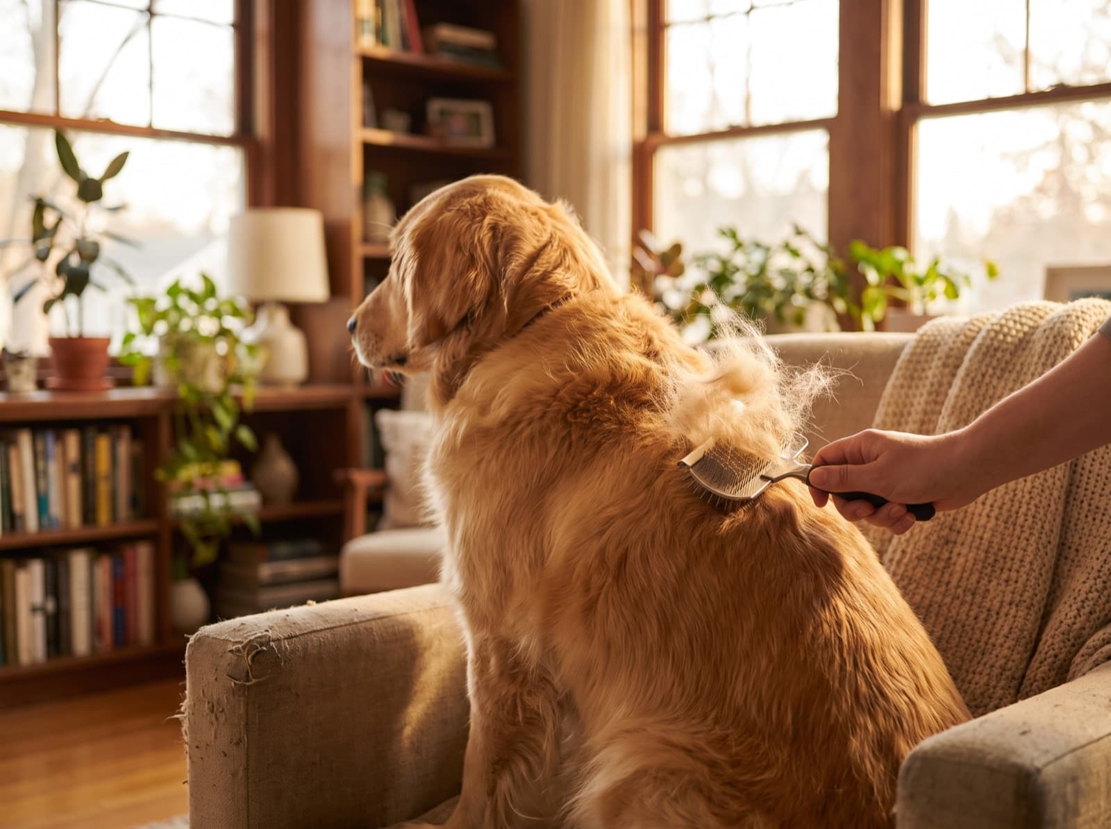 Golden retriever spazzolato per rimuovere il pelo in eccesso