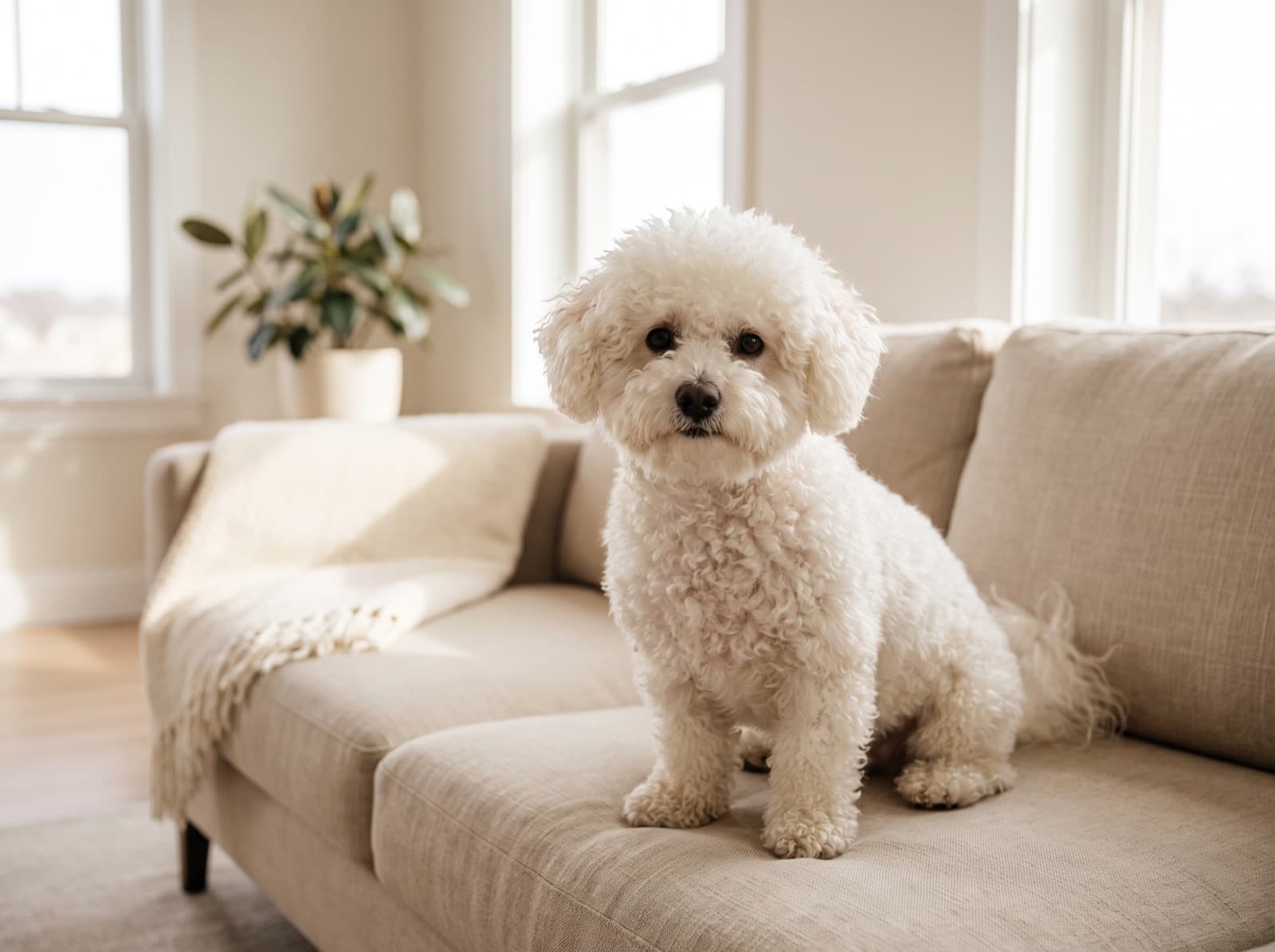 Bichon frisé dal pelo riccio e pulito seduto sul divano