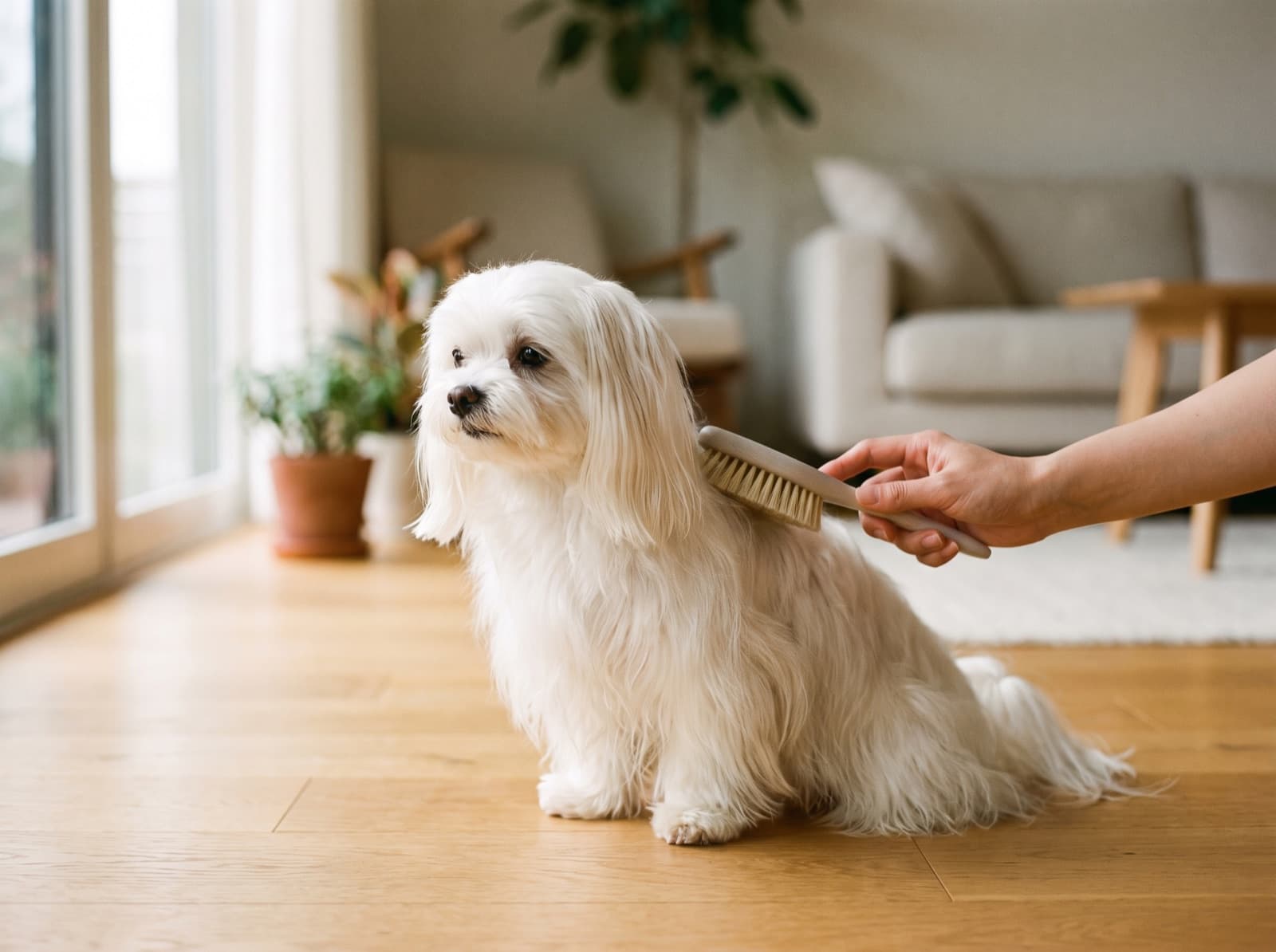 Maltese a pelo lungo spazzolato delicatamente in casa