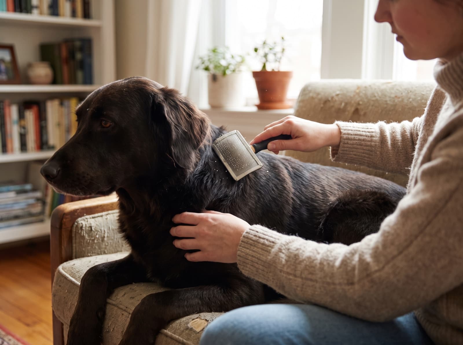 Padrone che spazzola un cane a pelo lungo e nota scaglie di forfora sul mantello
