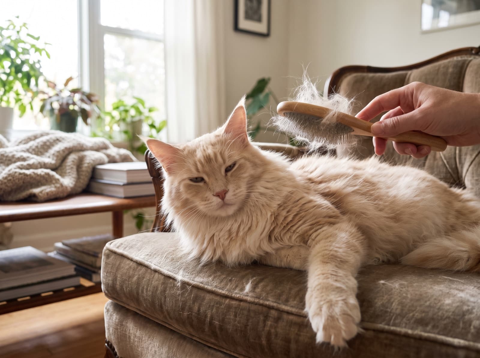 Gatto a pelo lungo spazzolato con delicatezza sul divano di casa