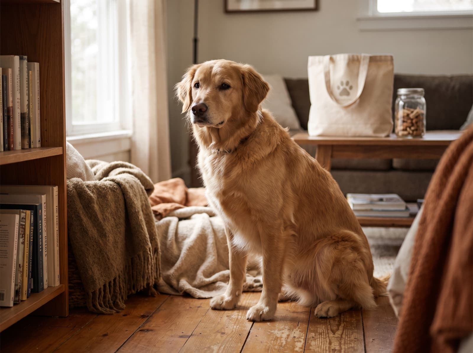 Cane seduto tranquillo su un pavimento in legno in casa