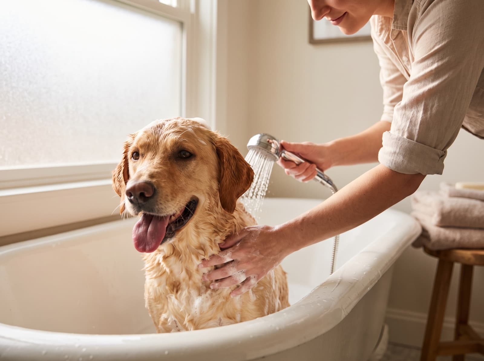 Cane a pelo corto durante il bagnetto in casa con shampoo specifico