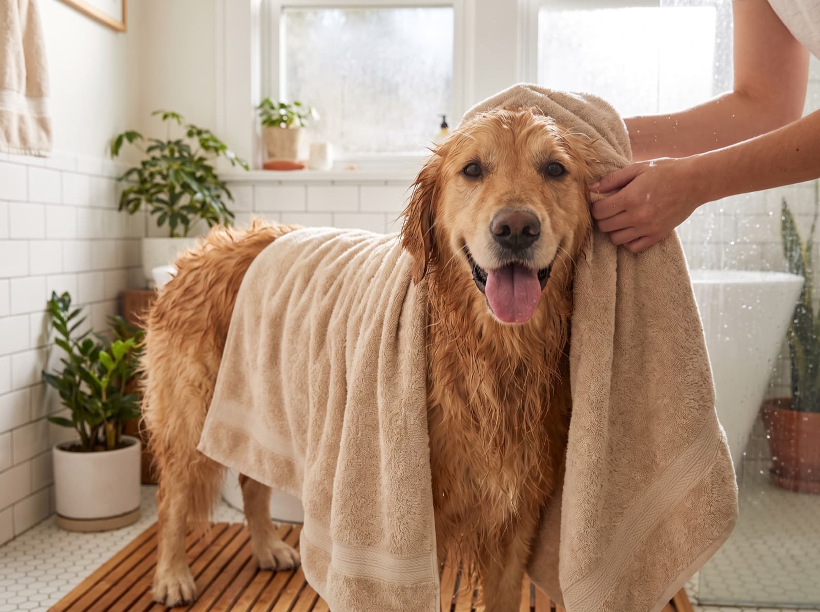 Golden retriever asciugato con un telo dopo il bagno