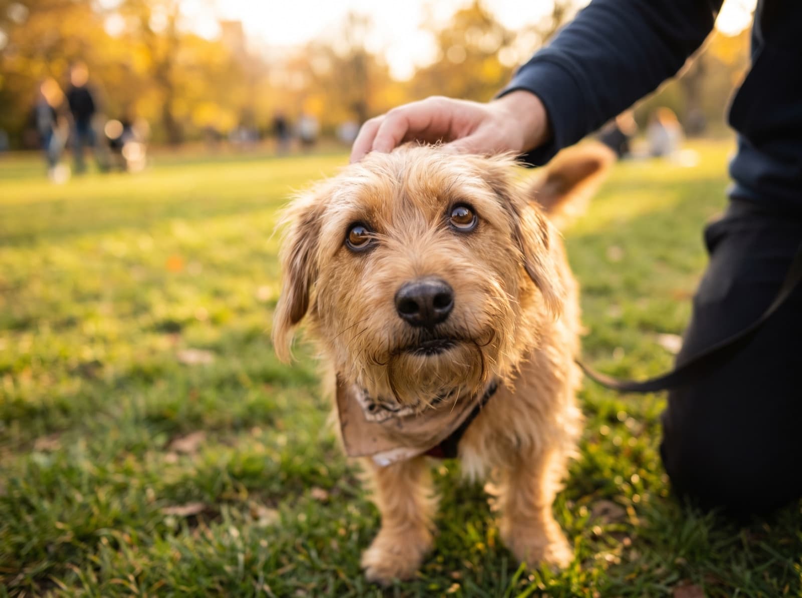 Cane che guarda il proprietario con sguardo dolce e fiducioso in un parco