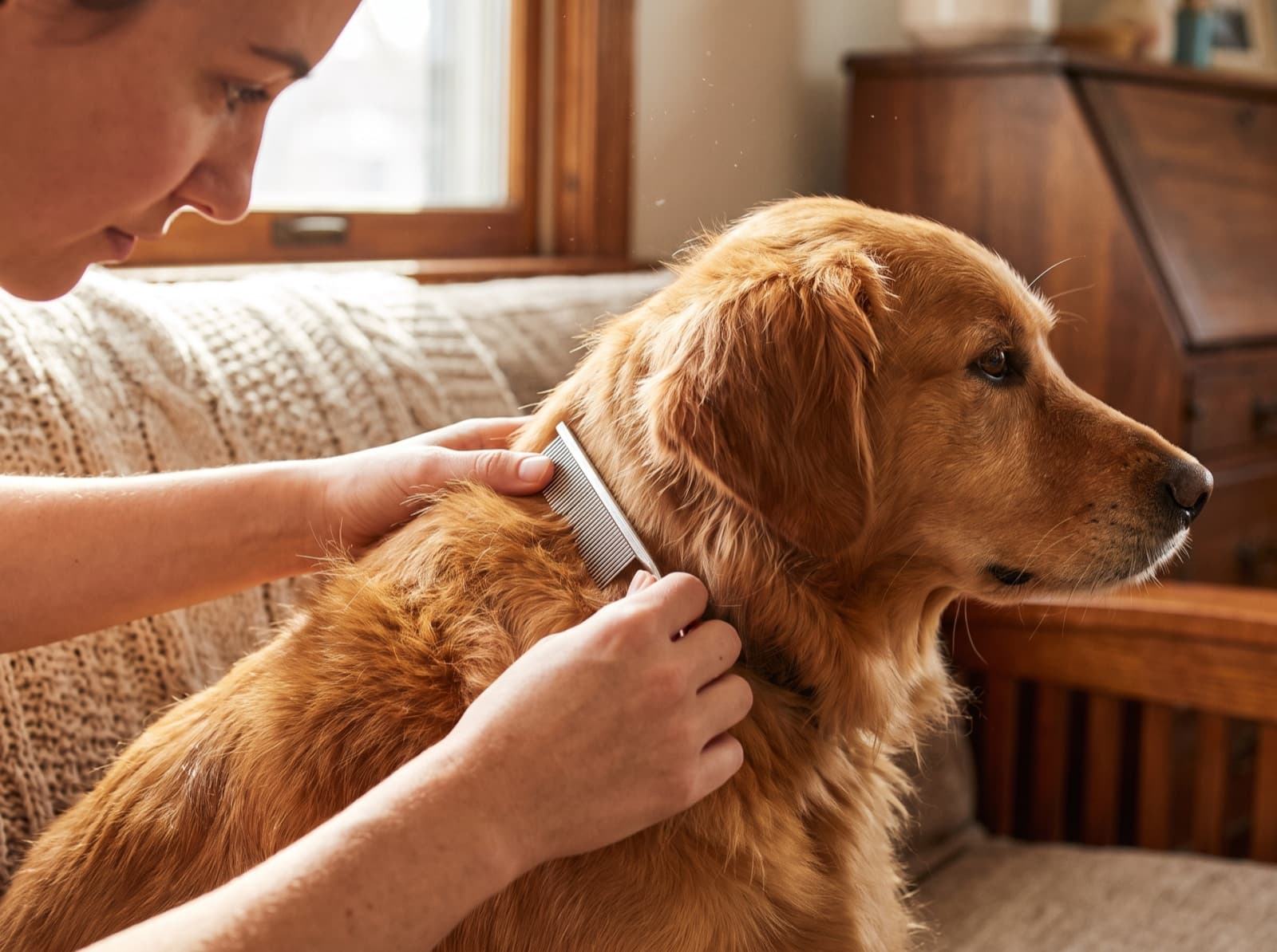 Cane spazzolato in casa con pettine a pulci a denti fitti durante la toelettatura