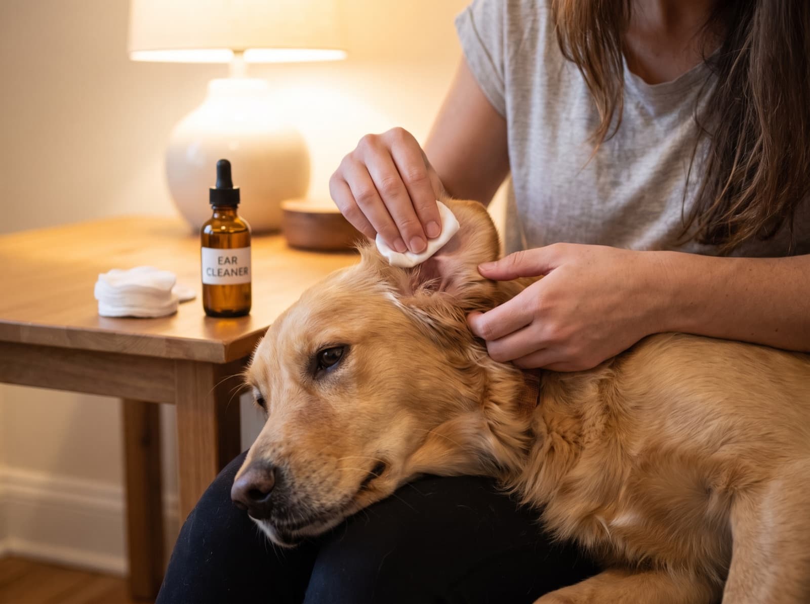 Proprietario che pulisce l'orecchio del cane con prodotto specifico
