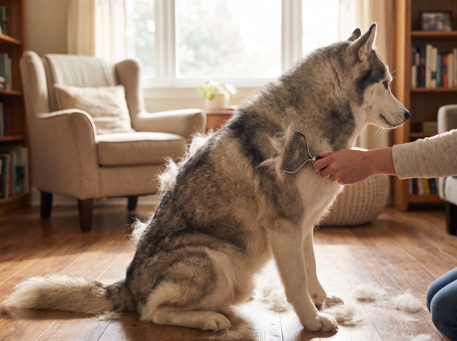 Husky con doppio pelo spazzolato con il cardatore durante la muta