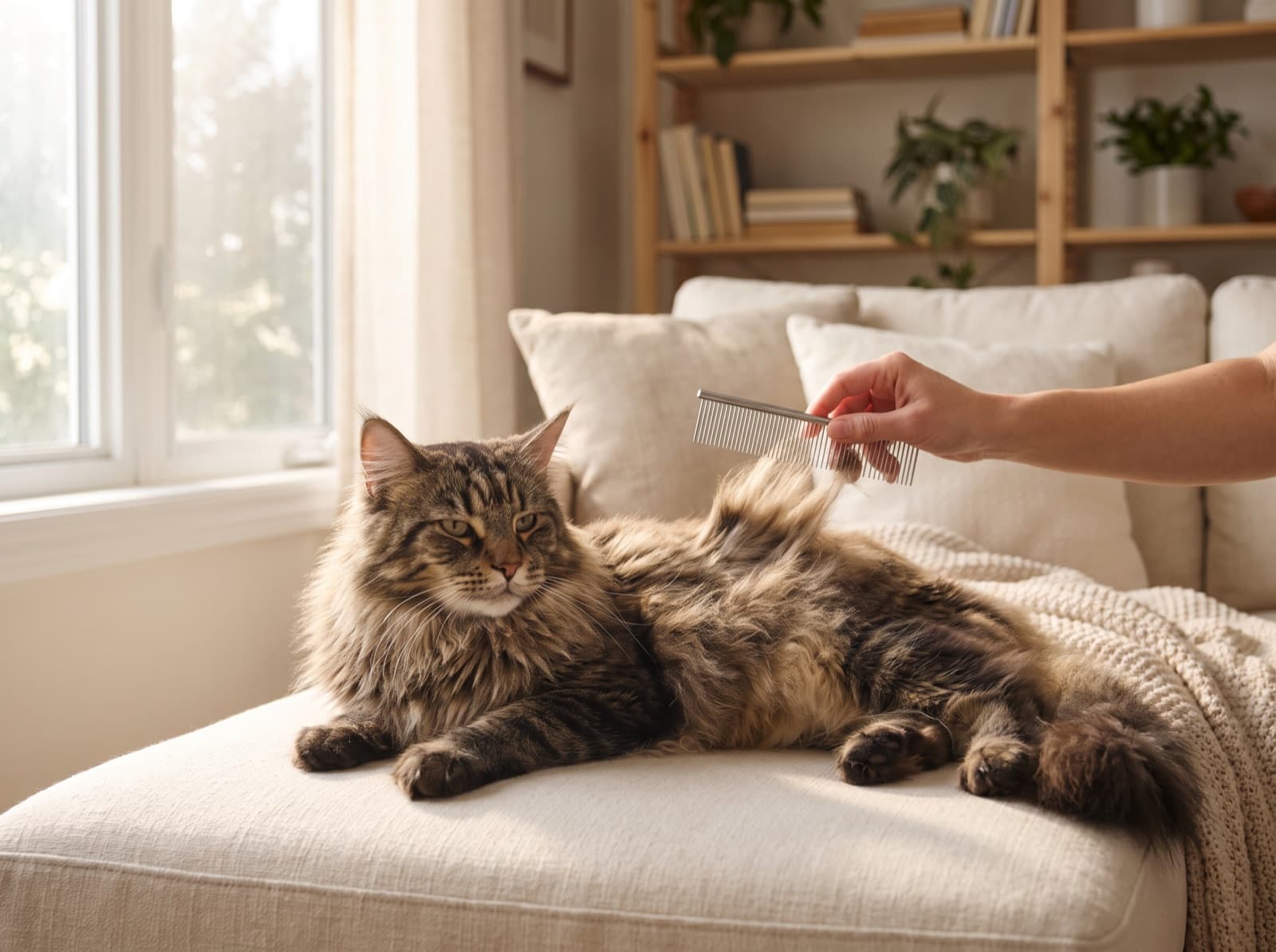 Gatto persiano a pelo lungo spazzolato con delicatezza in casa